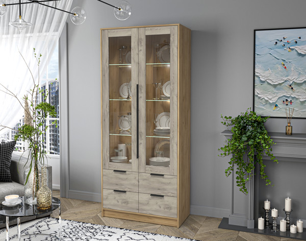 Изображение товара Шкаф с витриной Интерлиния Концепт КТ-ШВ2 с подсветкой (дуб серый/дуб золотой)