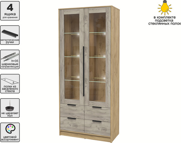Изображение товара Шкаф с витриной Интерлиния Концепт КТ-ШВ2 с подсветкой (дуб серый/дуб золотой)