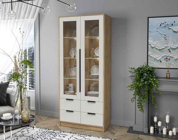 Изображение товара Шкаф с витриной Интерлиния Концепт КТ-ШВ2 с подсветкой (персидский жемчуг/дуб золотой)