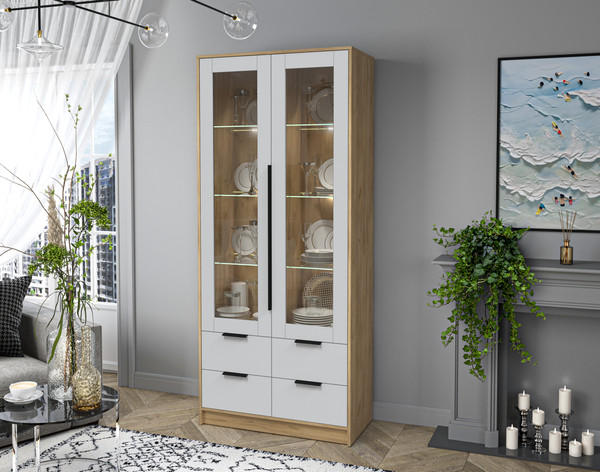 Изображение товара Шкаф с витриной Интерлиния Концепт КТ-ШВ2 с подсветкой (серый/дуб золотой)