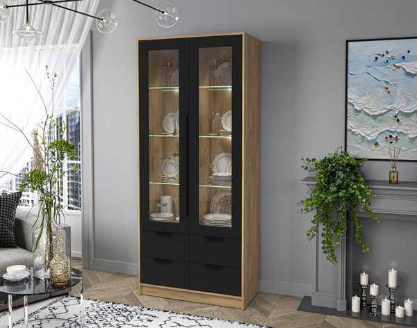 Изображение товара Шкаф с витриной Интерлиния Концепт КТ-ШВ2 с подсветкой (черный/дуб золотой)