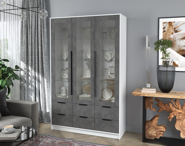 Изображение товара Шкаф с витриной Интерлиния Концепт КТ-ШВ3 (бетон портленд/белый платинум)