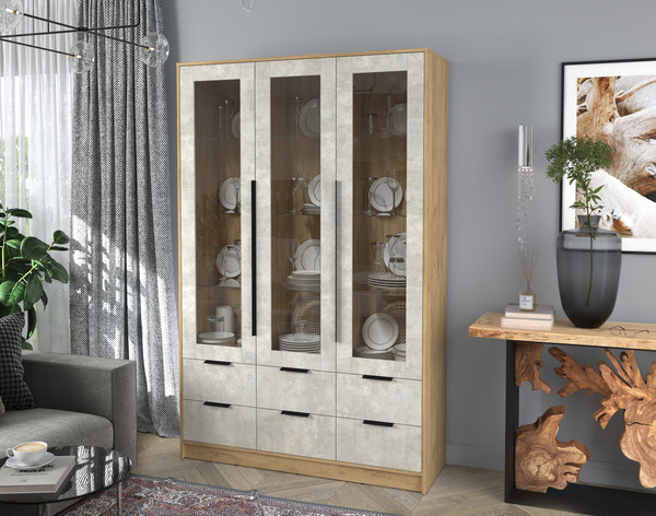Изображение товара Шкаф с витриной Интерлиния Концепт КТ-ШВ3 (бетон лайт/дуб золотой)