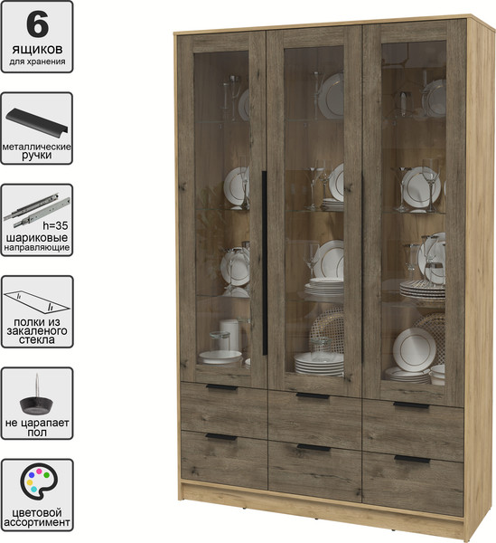 Изображение товара Шкаф с витриной Интерлиния Концепт КТ-ШВ3 (дуб веллингтон/дуб золотой)