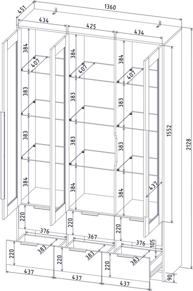 Изображение товара Шкаф с витриной Интерлиния Концепт КТ-ШВ3 (дуб веллингтон/дуб золотой)