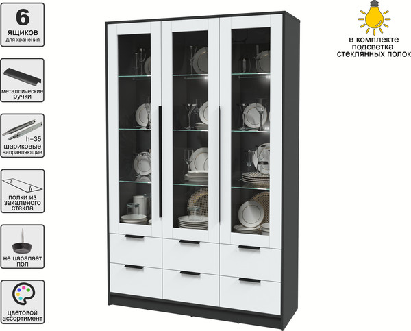 Изображение товара Шкаф с витриной Интерлиния Концепт КТ-ШВ3 с подсветкой (белый платинум/антрацит)