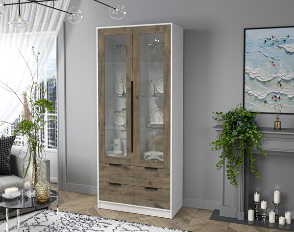 Изображение товара Шкаф с витриной Интерлиния Концепт КТ-ШВ2 (дуб веллингтон/белый платинум)
