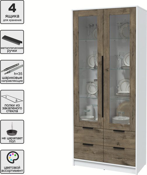 Изображение товара Шкаф с витриной Интерлиния Концепт КТ-ШВ2 (дуб веллингтон/белый платинум)