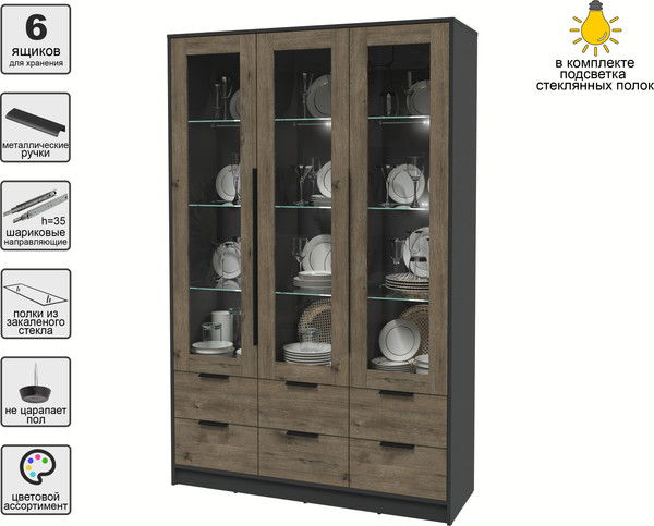 Изображение товара Шкаф с витриной Интерлиния Концепт КТ-ШВ3 с подсветкой (дуб веллингтон/антрацит)