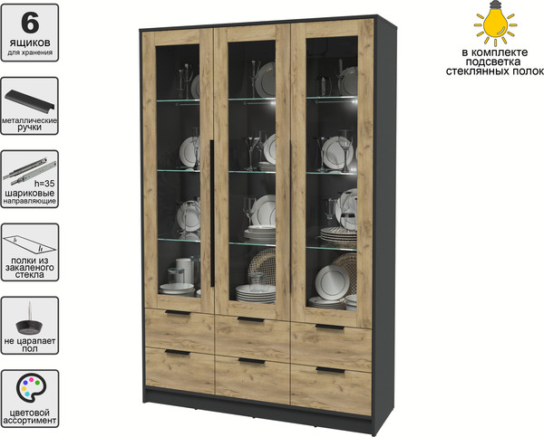 Изображение товара Шкаф с витриной Интерлиния Концепт КТ-ШВ3 с подсветкой (дуб золотой/антрацит)