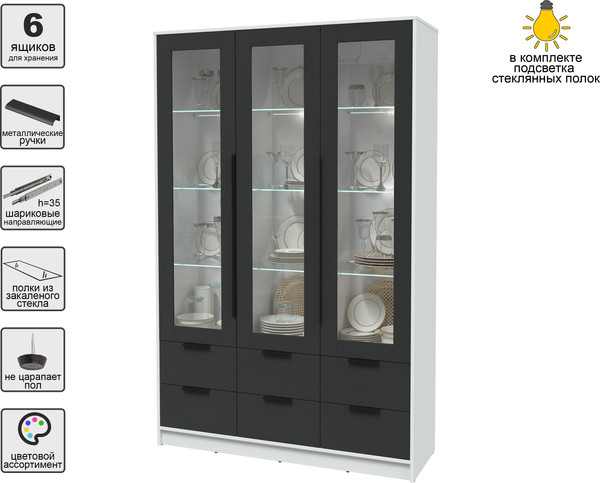 Изображение товара Шкаф с витриной Интерлиния Концепт КТ-ШВ3 с подсветкой (антрацит/белый платинум)
