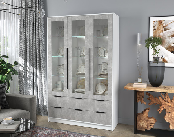 Изображение товара Шкаф с витриной Интерлиния Концепт КТ-ШВ3 с подсветкой (бетон/белый платинум)