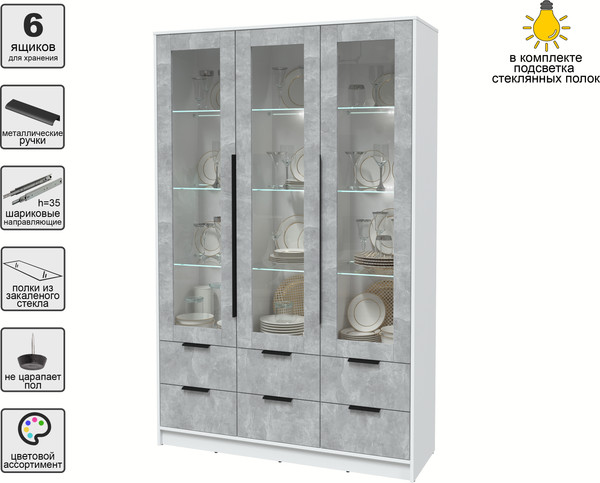 Изображение товара Шкаф с витриной Интерлиния Концепт КТ-ШВ3 с подсветкой (бетон/белый платинум)