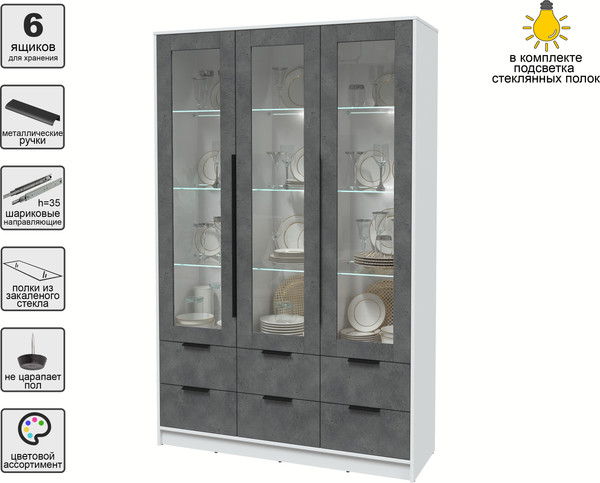 Изображение товара Шкаф с витриной Интерлиния Концепт КТ-ШВ3 с подсветкой (бетон портленд/белый платинум)