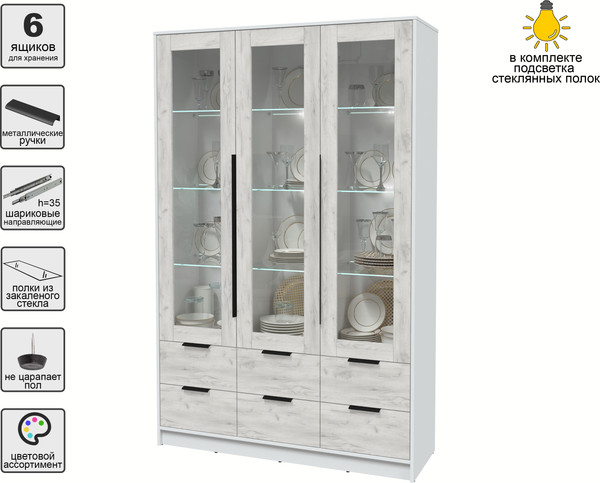 Изображение товара Шкаф с витриной Интерлиния Концепт КТ-ШВ3 с подсветкой (дуб белый/белый платинум)