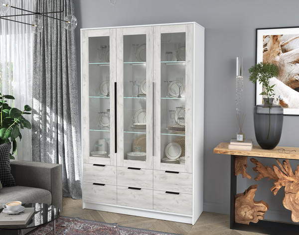 Изображение товара Шкаф с витриной Интерлиния Концепт КТ-ШВ3 с подсветкой (дуб белый/белый платинум)