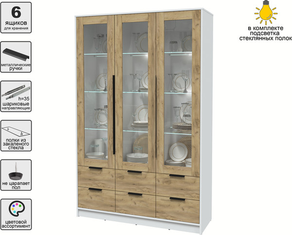 Изображение товара Шкаф с витриной Интерлиния Концепт КТ-ШВ3 с подсветкой (дуб золотой/белый платинум)