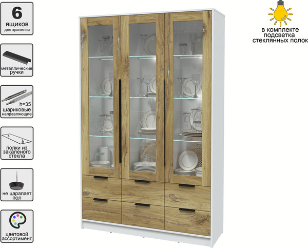 Изображение товара Шкаф с витриной Интерлиния Концепт КТ-ШВ3 с подсветкой (дуб нокс/белый платинум)