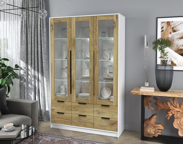 Изображение товара Шкаф с витриной Интерлиния Концепт КТ-ШВ3 с подсветкой (дуб нокс/белый платинум)