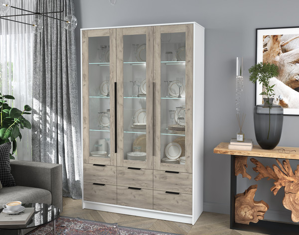 Изображение товара Шкаф с витриной Интерлиния Концепт КТ-ШВ3 с подсветкой (дуб серый/белый платинум)