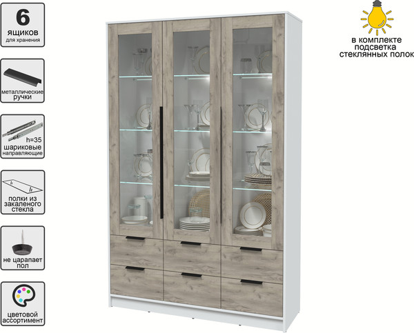 Изображение товара Шкаф с витриной Интерлиния Концепт КТ-ШВ3 с подсветкой (дуб серый/белый платинум)