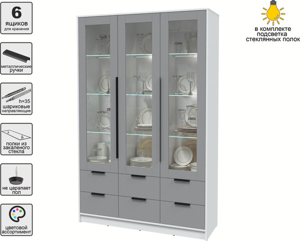 Изображение товара Шкаф с витриной Интерлиния Концепт КТ-ШВ3 с подсветкой (серебро/белый платинум)