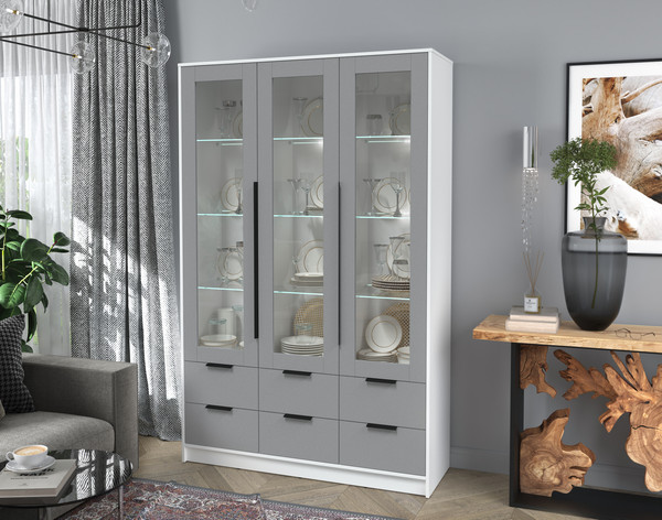 Изображение товара Шкаф с витриной Интерлиния Концепт КТ-ШВ3 с подсветкой (серебро/белый платинум)