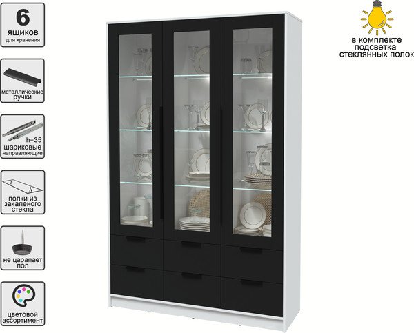 Изображение товара Шкаф с витриной Интерлиния Концепт КТ-ШВ3 с подсветкой (черный/белый платинум)