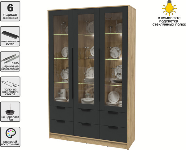 Изображение товара Шкаф с витриной Интерлиния Концепт КТ-ШВ3 с подсветкой (антрацит/дуб золотой)