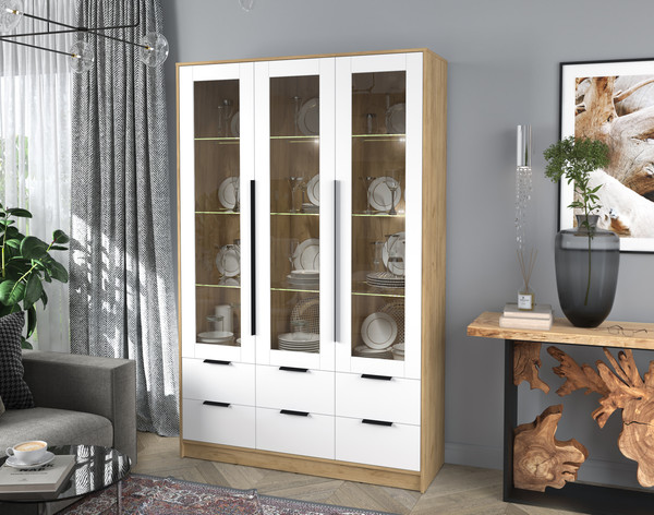 Изображение товара Шкаф с витриной Интерлиния Концепт КТ-ШВ3 с подсветкой (белый платинум/дуб золотой)