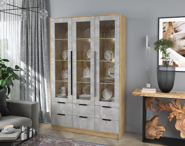 Изображение товара Шкаф с витриной Интерлиния Концепт КТ-ШВ3 с подсветкой (бетон/дуб золотой)