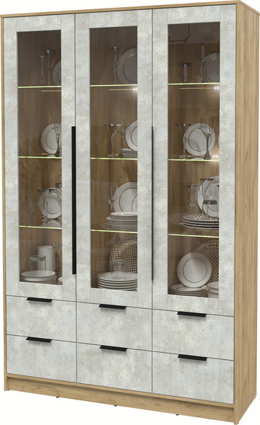 Изображение товара Шкаф с витриной Интерлиния Концепт КТ-ШВ3 с подсветкой (бетон лайт/дуб золотой)
