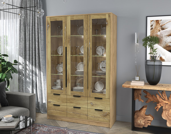 Изображение товара Шкаф с витриной Интерлиния Концепт КТ-ШВ3 с подсветкой (дуб нокс/дуб золотой)