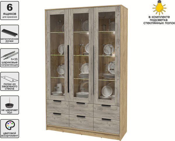 Изображение товара Шкаф с витриной Интерлиния Концепт КТ-ШВ3 с подсветкой (дуб серый/дуб золотой)
