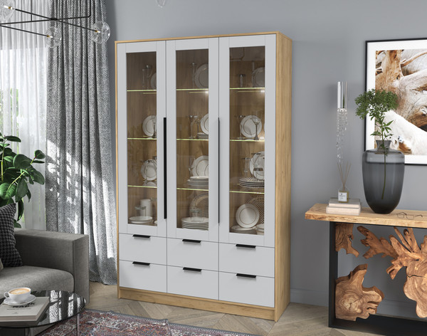 Изображение товара Шкаф с витриной Интерлиния Концепт КТ-ШВ3 с подсветкой (серый/дуб золотой)