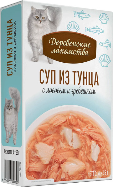 Изображение товара Влажный корм для кошек Деревенские лакомства Суп из тунца с лососем и гребешком (4x35г)