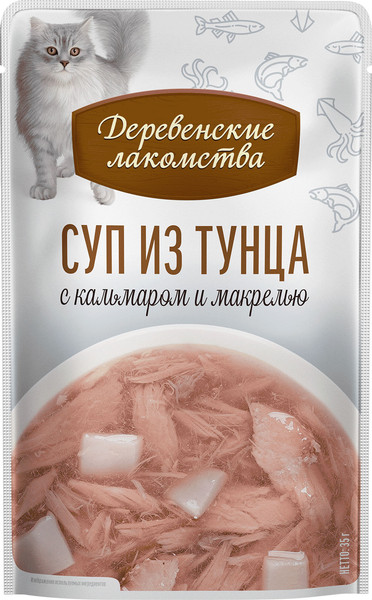Изображение товара Влажный корм для кошек Деревенские лакомства Суп из тунца с кальмаром и макрелью (4x35г)