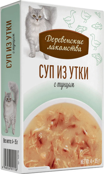 Изображение товара Влажный корм для кошек Деревенские лакомства Суп из утки с тунцом (4x35г)