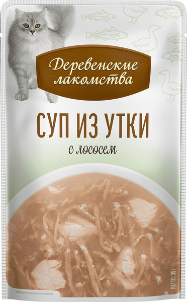 Изображение товара Влажный корм для кошек Деревенские лакомства Суп из утки с лососем (4x35г)