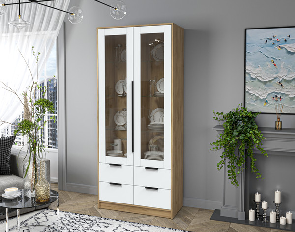 Изображение товара Шкаф с витриной Interline Концепт КТ-ШВ2 (белый платинум/дуб золотой)