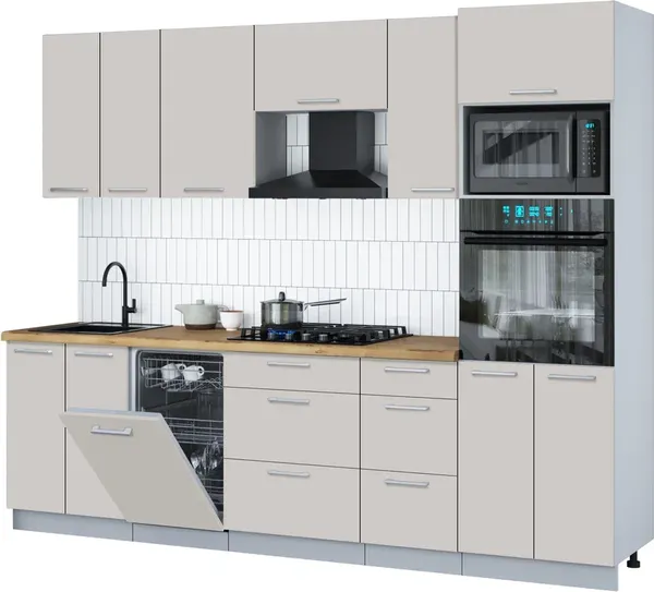 Изображение товара Кухонный гарнитур Интерлиния Мила Gloss 2.65-ПМ3 (кашемир/кашемир/дуб бунратти)