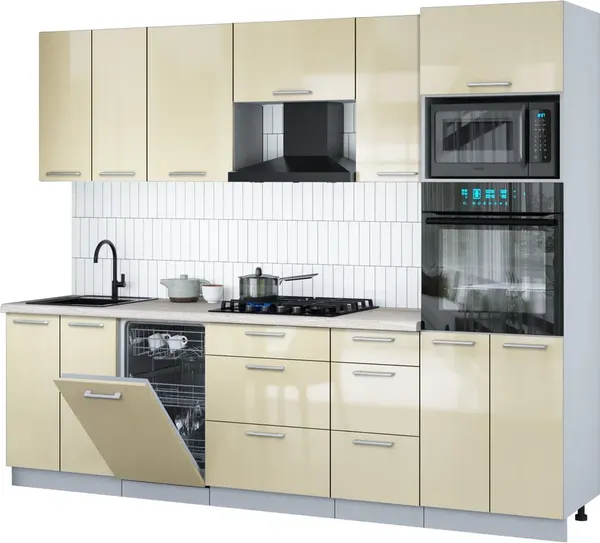 Изображение товара Кухонный гарнитур Interline Мила Gloss 2.65-ПМ3 (ваниль глянец/ваниль глянец/травертин серый)
