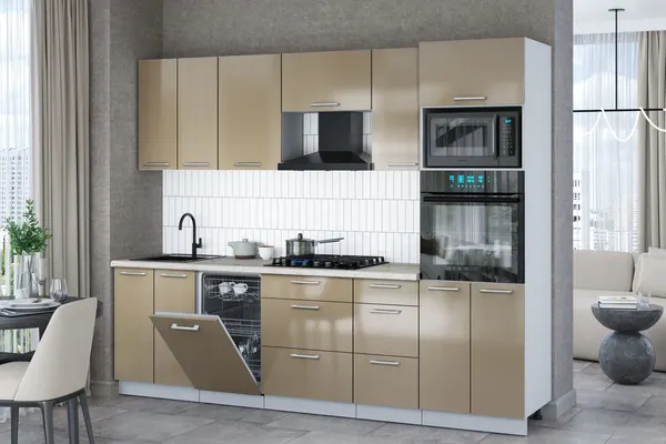 Изображение товара Кухонный гарнитур Interline Мила Gloss 2.65-ПМ3 (капучино глянец/капучино глянец/бискайская сосна)