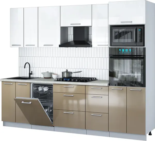 Изображение товара Кухонный гарнитур Interline Мила Gloss 2.65-ПМ3 (капучино глянец/белый глянец/опал светлый)
