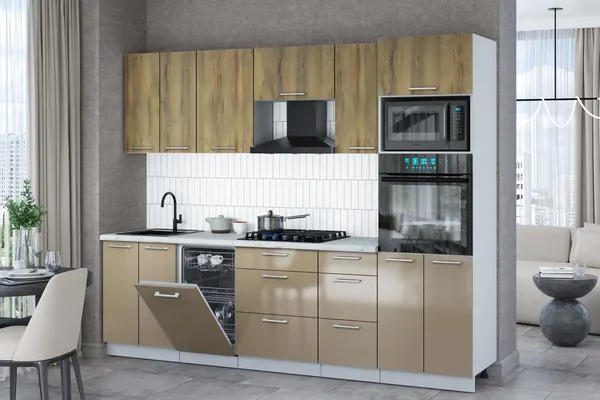 Изображение товара Кухонный гарнитур Interline Мила Gloss 2.65-ПМ3 (капучино глянец/дуб вотан/серый каспий)