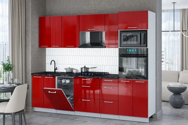 Изображение товара Кухонный гарнитур Interline Мила Gloss 2.65-ПМ3 (красный глянец/красный глянец/кастилло темный)