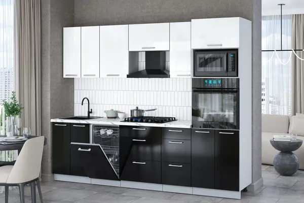 Изображение товара Кухонный гарнитур Interline Мила Gloss 2.65-ПМ3 (черный глянец/белый глянец/белый гранит)