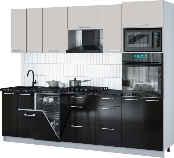 Изображение товара Кухонный гарнитур Interline Мила Gloss 2.65-ПМ3 (черный глянец/кашемир/кастилло темный)