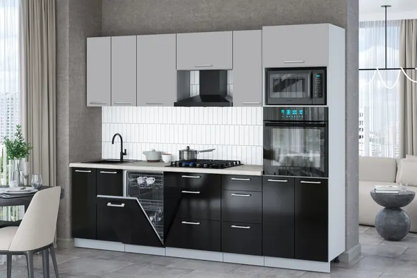 Изображение товара Кухонный гарнитур Interline Мила Gloss 2.65-ПМ3 (черный глянец/грей/бискайская сосна)