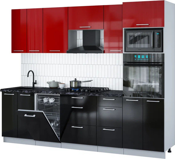 Изображение товара Кухонный гарнитур Interline Мила Gloss 2.65-ПМ3 (черный глянец/красный глянец/кастилло темный)